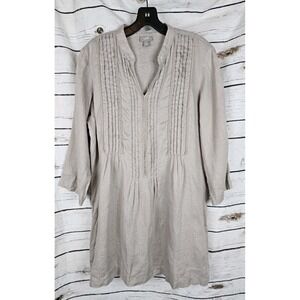 J Jill Beige Pintucked 100% Linen Tunic Top M Petite Coastal Boho 3/4 Sleeves
